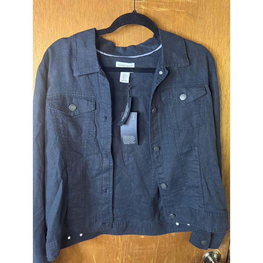 Jones & Co Womens Black 100% Linen Trucker Jacket Machine Washable NWT Large